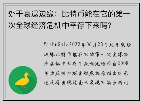 处于衰退边缘：比特币能在它的第一次全球经济危机中幸存下来吗？ 