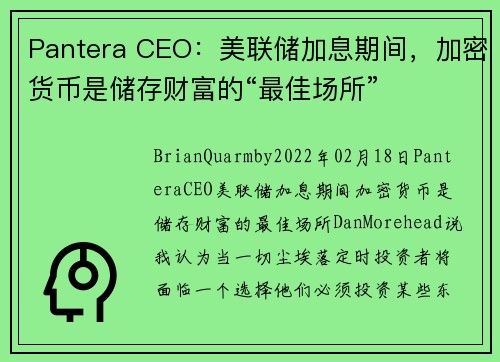 Pantera CEO：美联储加息期间，加密货币是储存财富的“最佳场所” 